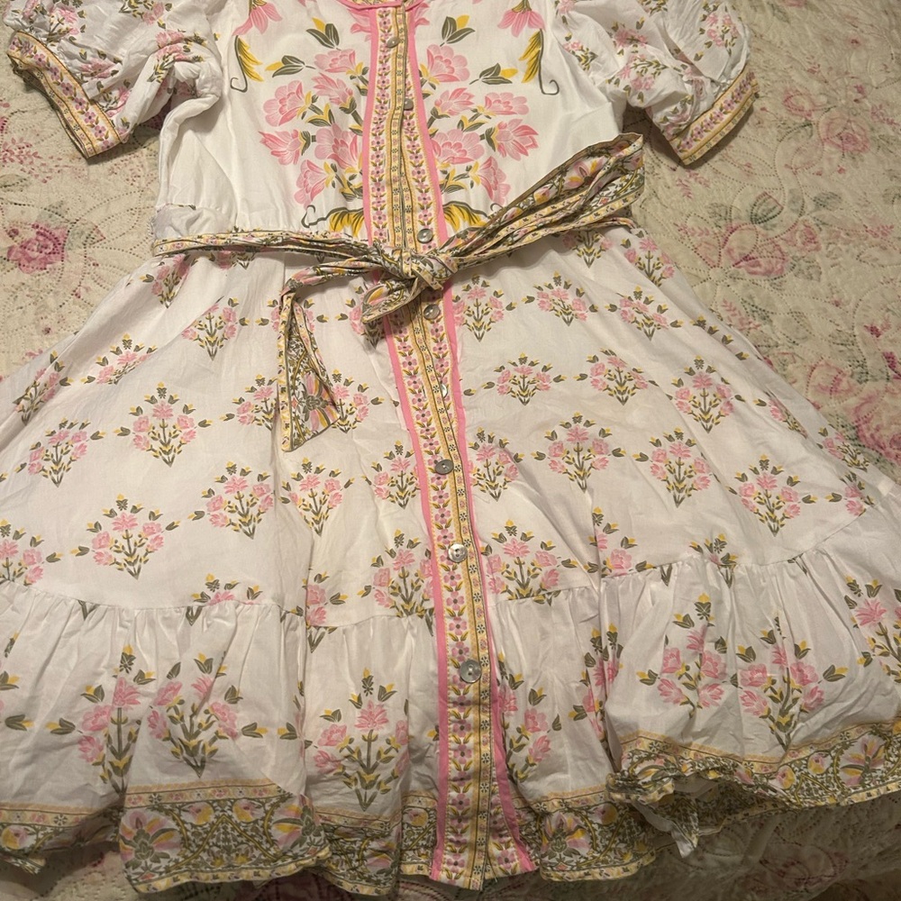Girls' White Floral Button-Front Dress with Pink & Gold Accents